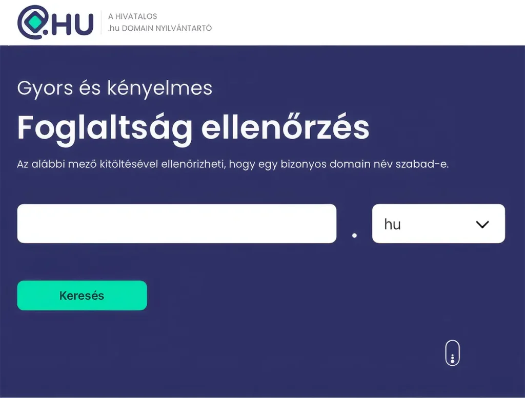 Képernyőkép a domain.hu foglaltság-ellenőrző kereső eredményoldalról, amely egy már bejegyzett .hu domain nyilvános adatait mutatja, beleértve a domain-használó nevét, a regisztrátor adatait és a névszervereket.