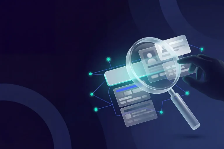 Laptop képernyője, amelyen a domain.hu foglaltság-ellenőrző keresőmezője látható egy .hu domain névvel. A kép a WHOIS keresés fogalmát és a domain adatok ellenőrzésének egyszerűségét szimbolizálja.